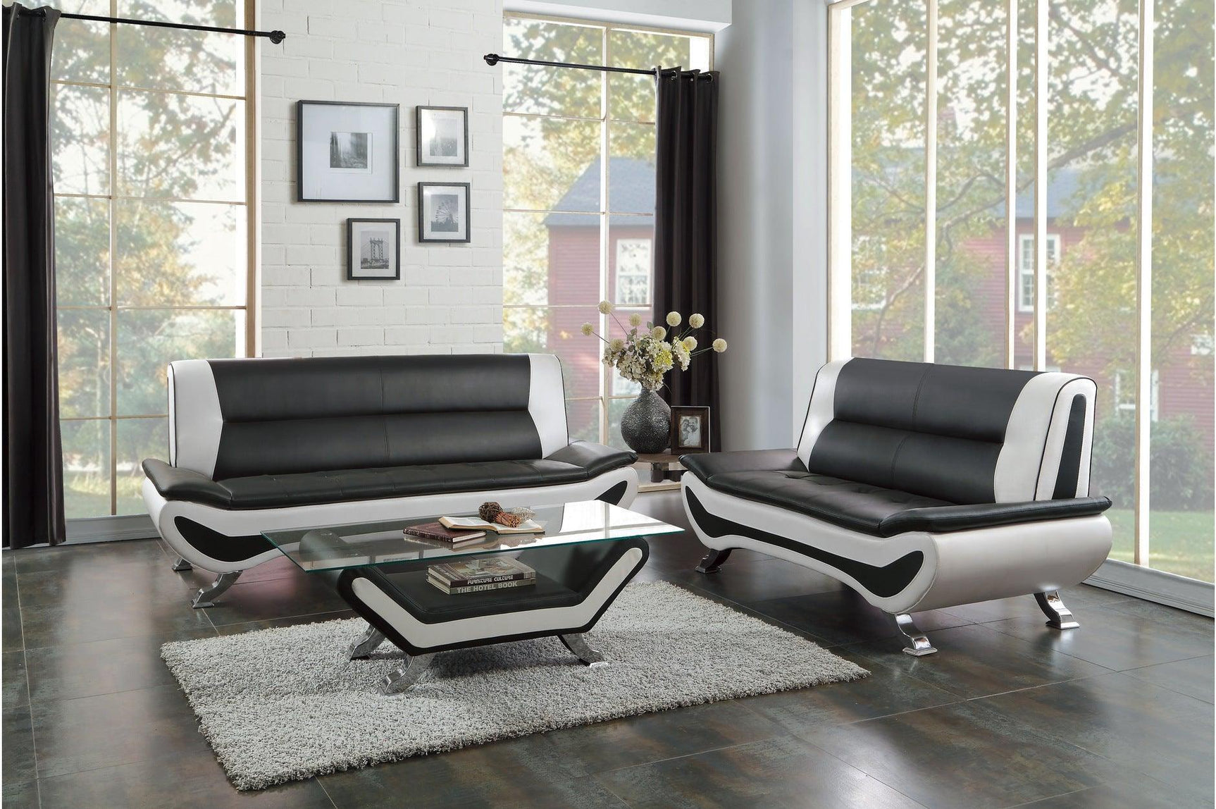Veloce Black And White Modern Contemporary Faux Leather Upholstered Tufted 2Pc Set: Sofa, Love - Ella Furniture