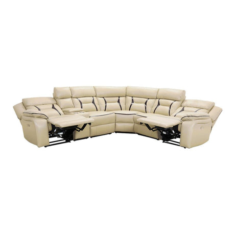 Amite Beige Solid Wood Premium Faux Leather Upholstery 6-Piece Modular Power Reclining Sectional - Ella Furniture