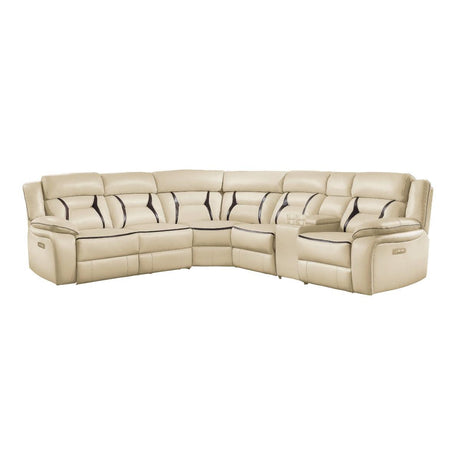 Amite Beige Solid Wood Premium Faux Leather Upholstery 6-Piece Modular Power Reclining Sectional - Ella Furniture