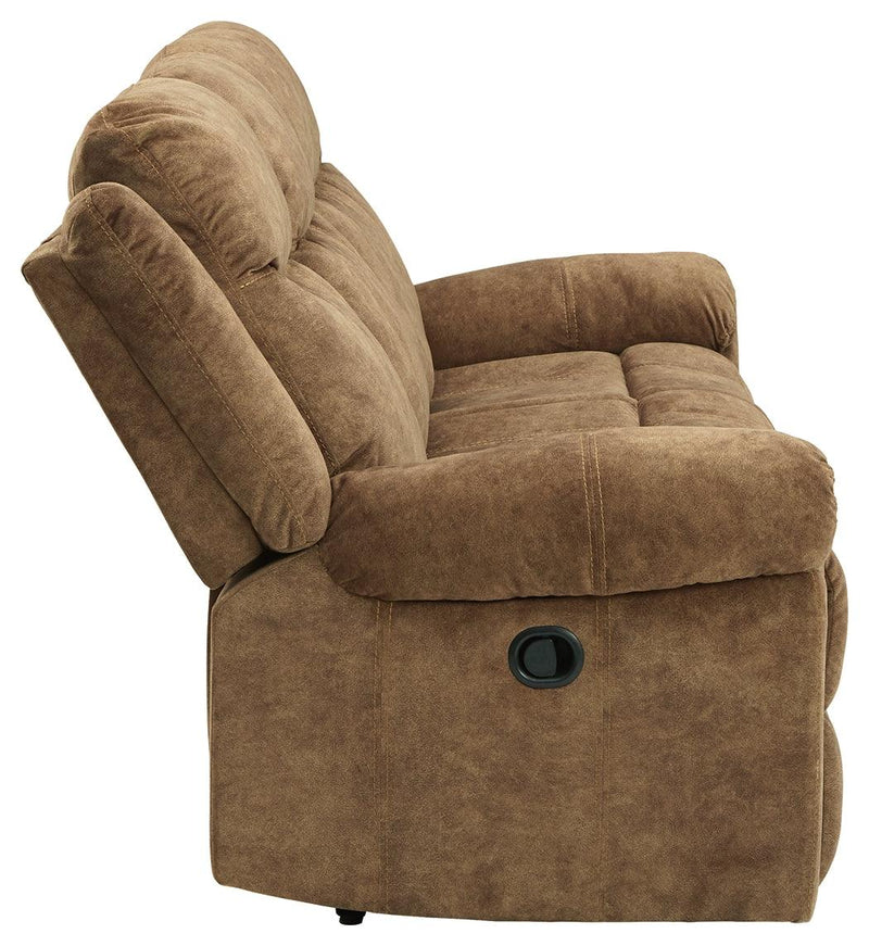 Huddle-up Nutmeg Microfiber Reclining Sofa With Drop Down Table - Ella Furniture