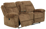 Huddle-up Nutmeg Microfiber Glider Reclining Loveseat With Console - Ella Furniture