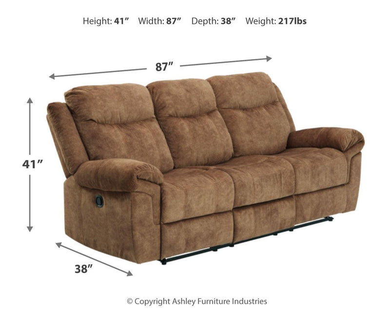 Huddle-up Nutmeg Microfiber Reclining Sofa With Drop Down Table - Ella Furniture