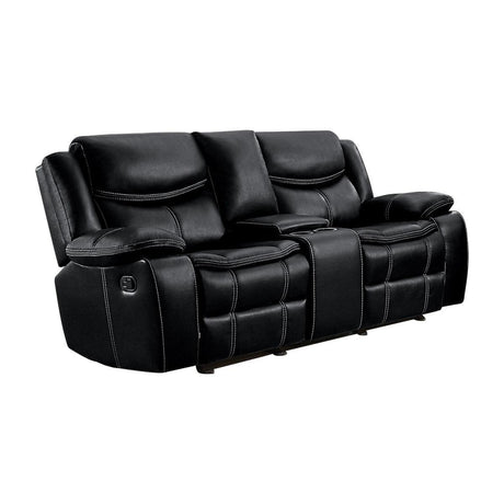 Bastrop Transitional Black Faux Leather Double Glider Reclining Love Seat With Center Console - Ella Furniture