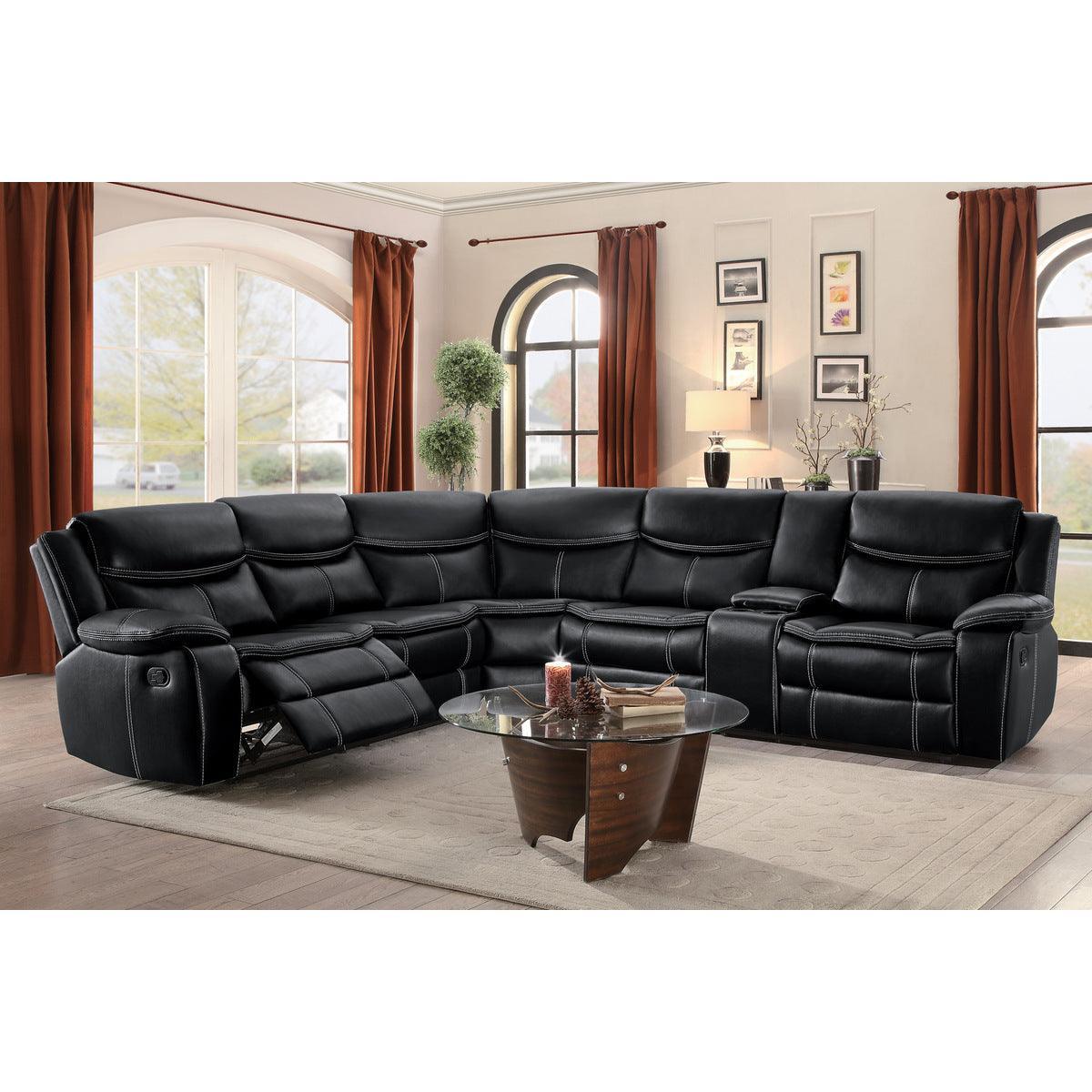 Bastrop Black Solid Wood Premium Faux Leather Upholstery 3-Piece Sectional With Right Console - Ella Furniture