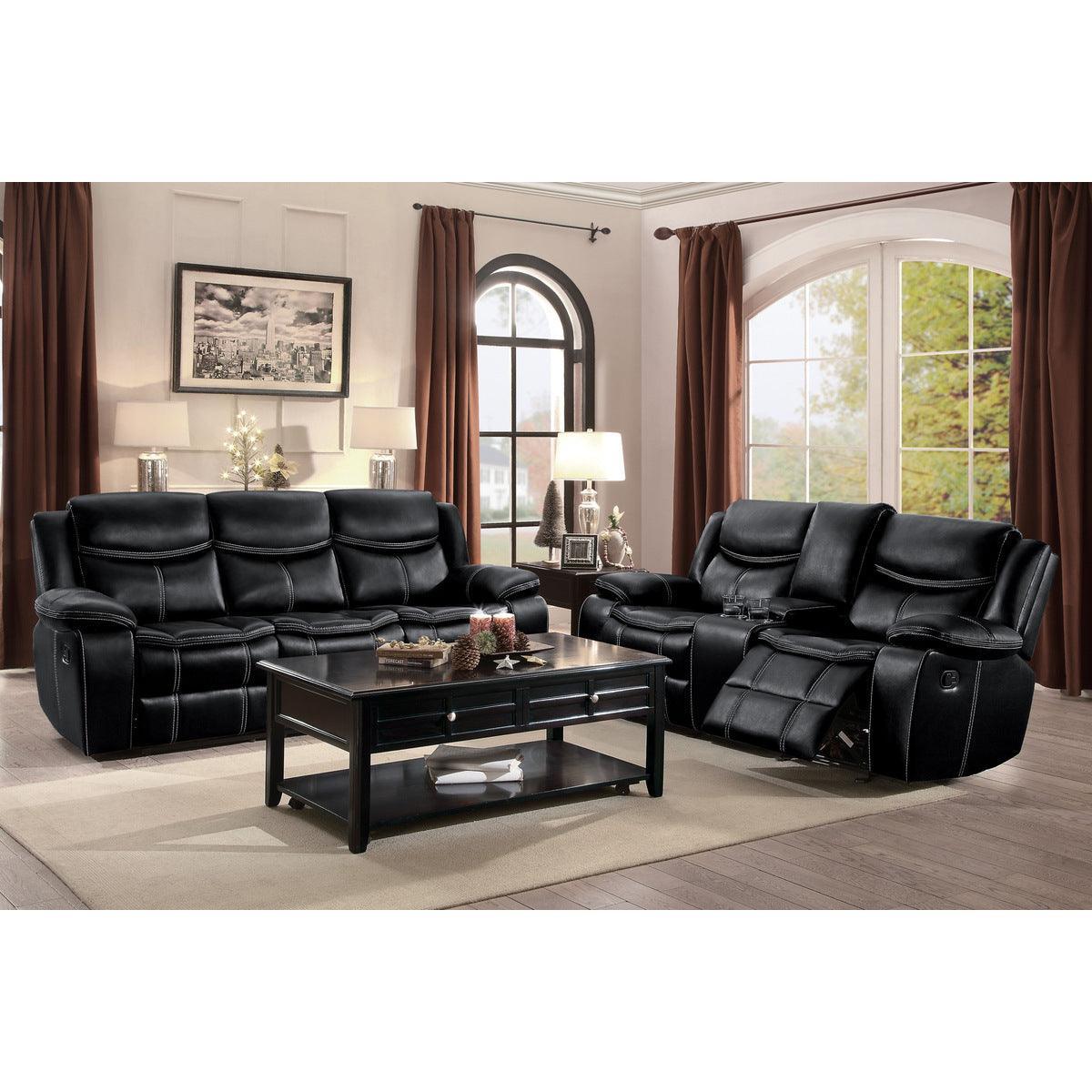 Bastrop Black Solid Wood And Plywood Premium Faux Leather Double Reclining Sofa - Ella Furniture