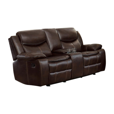 Bastrop Brown Premium Faux Leather Upholstery Double Glider Reclining Love Seat Center Console - Ella Furniture