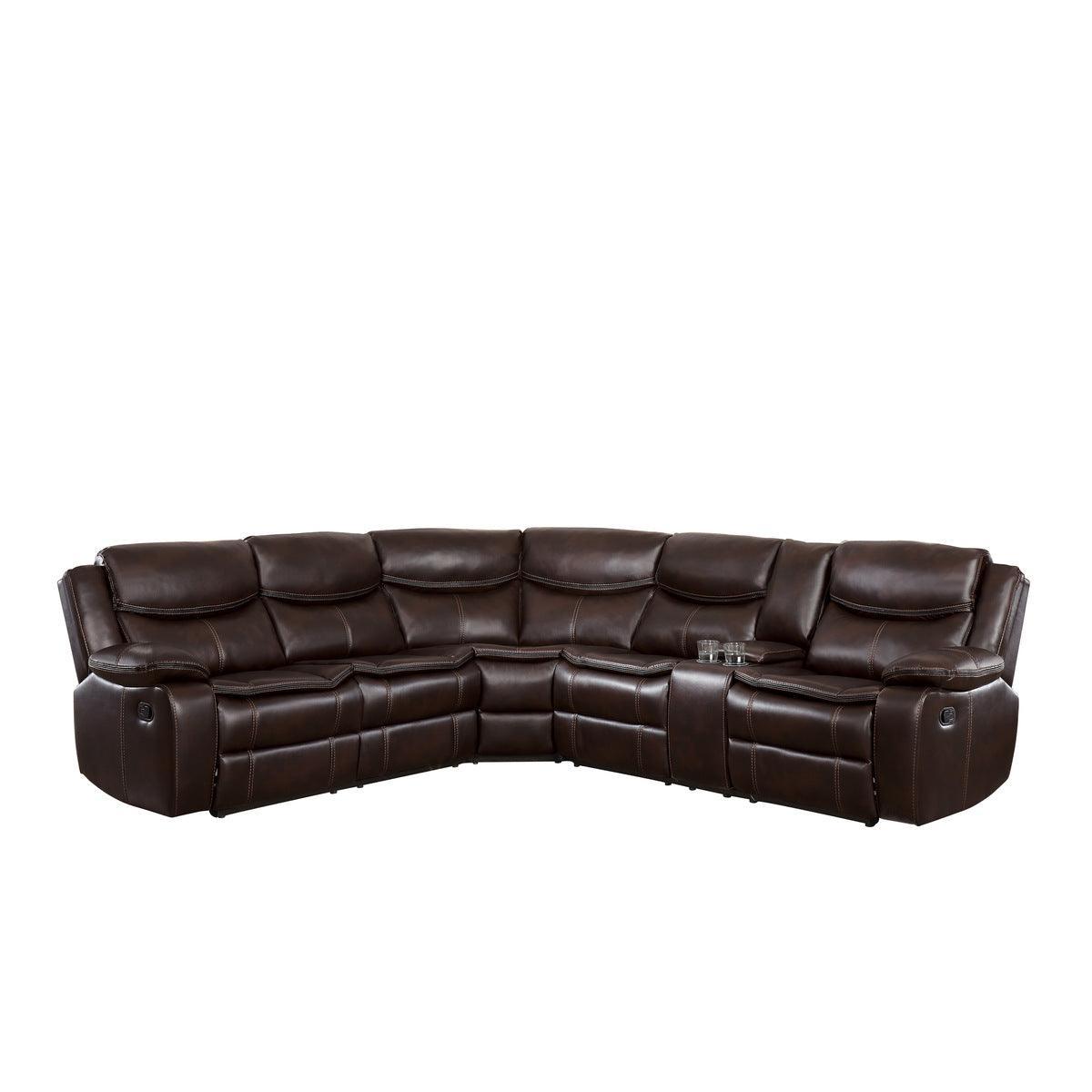 Bastrop Brown Solid Wood Premium Faux Leather Upholstery 3-Piece Sectional With Right Console - Ella Furniture