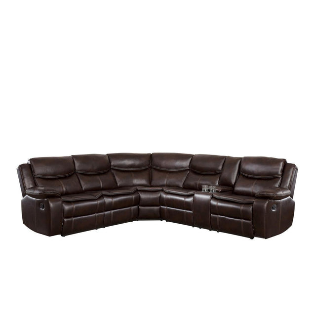 Bastrop Brown Solid Wood Premium Faux Leather Upholstery 3-Piece Sectional With Right Console - Ella Furniture