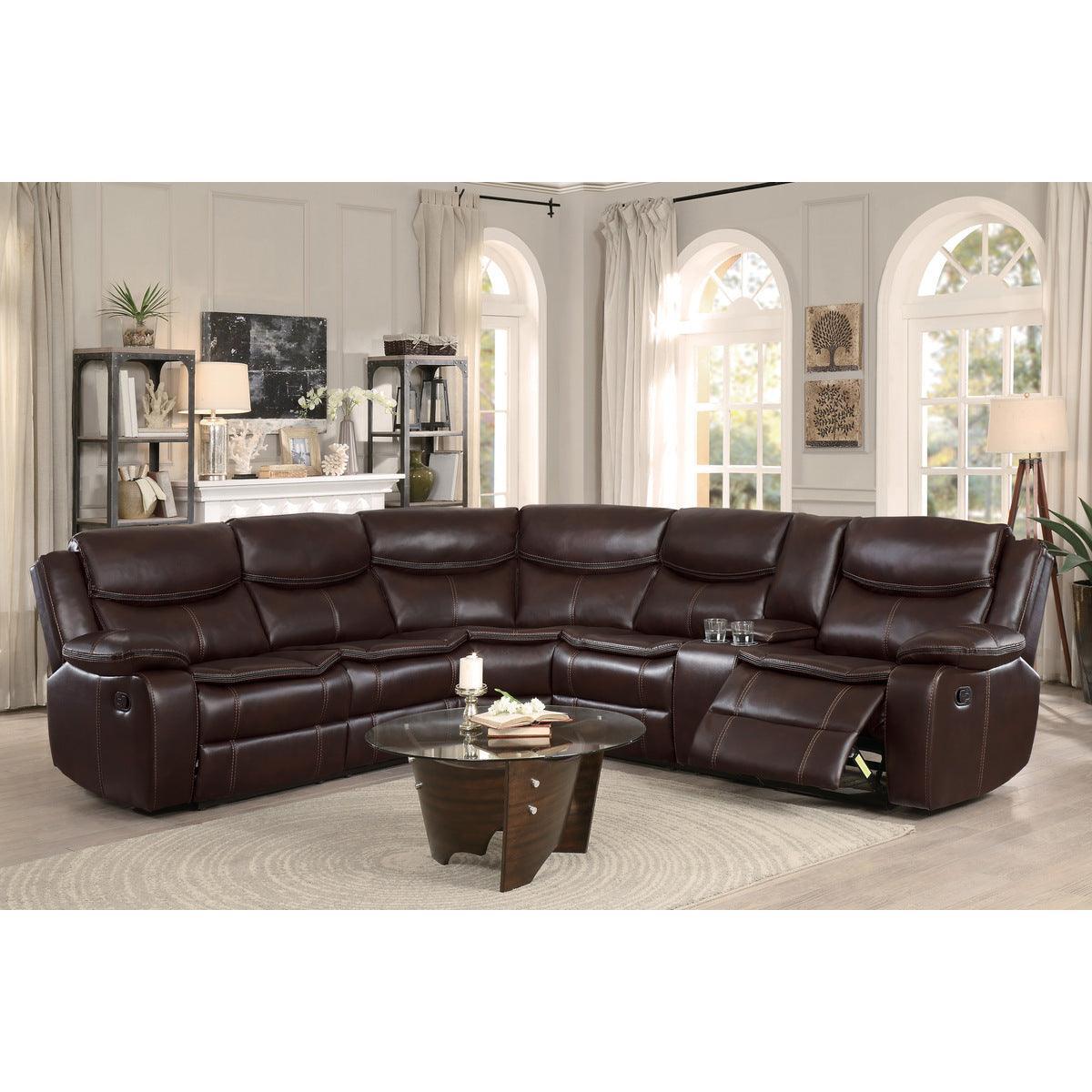 Bastrop Brown Solid Wood Premium Faux Leather Upholstery 3-Piece Sectional With Right Console - Ella Furniture