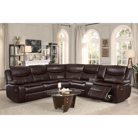 Bastrop Brown Solid Wood Premium Faux Leather Upholstery 3-Piece Sectional With Right Console - Ella Furniture