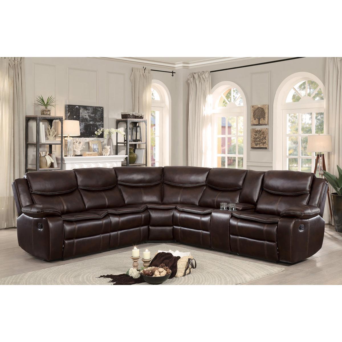 Bastrop Brown Solid Wood Premium Faux Leather Upholstery 3-Piece Sectional With Right Console - Ella Furniture