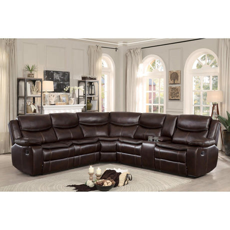 Bastrop Brown Solid Wood Premium Faux Leather Upholstery 3-Piece Sectional With Right Console - Ella Furniture
