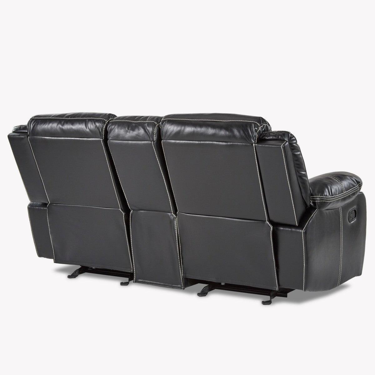 Bastrop Transitional Black Faux Leather Double Glider Reclining Love Seat With Center Console - Ella Furniture