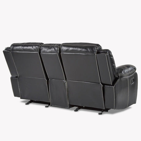Bastrop Transitional Black Faux Leather Double Glider Reclining Love Seat With Center Console - Ella Furniture