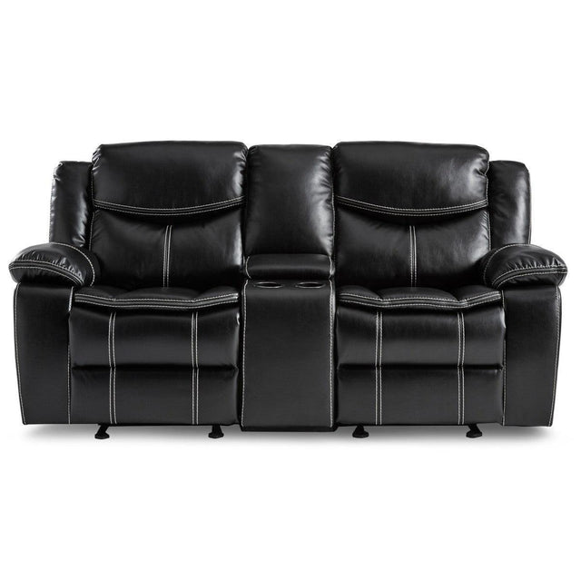 Bastrop Transitional Black Faux Leather Double Glider Reclining Love Seat With Center Console - Ella Furniture