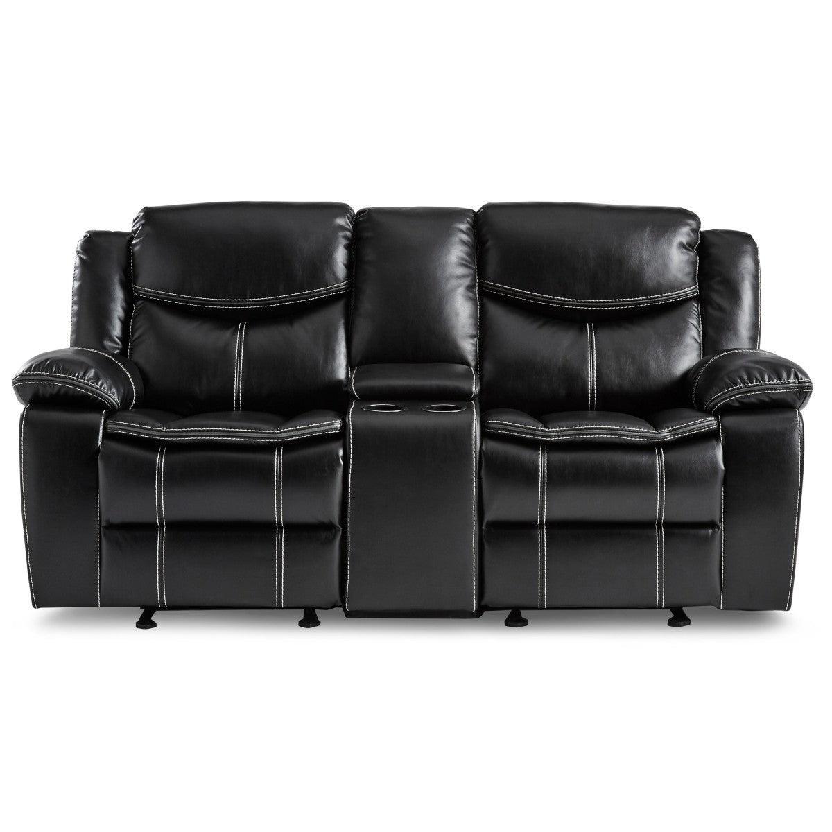 Bastrop Transitional Black Faux Leather Double Glider Reclining Love Seat With Center Console - Ella Furniture