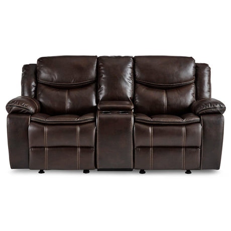 Bastrop Brown Premium Faux Leather Upholstery Double Glider Reclining Love Seat Center Console - Ella Furniture