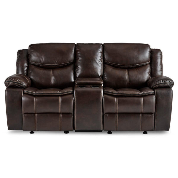 Bastrop Brown Premium Faux Leather Upholstery Double Glider Reclining Love Seat Center Console - Ella Furniture