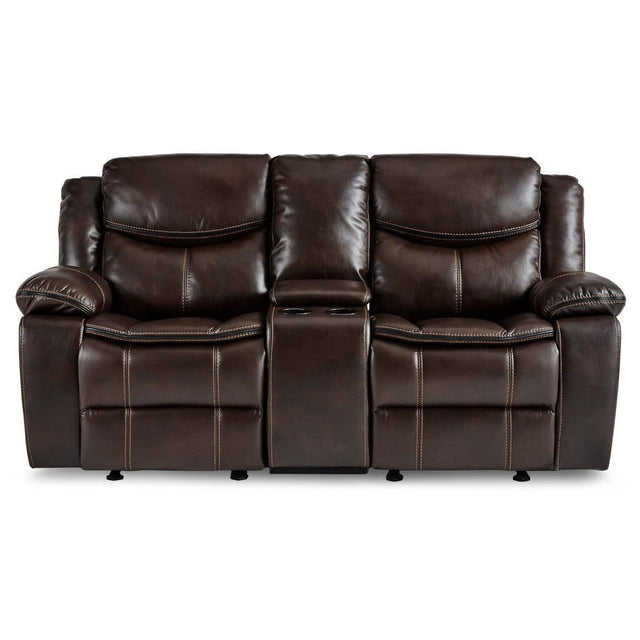 Bastrop Brown Premium Faux Leather Upholstery Double Glider Reclining Love Seat Center Console - Ella Furniture