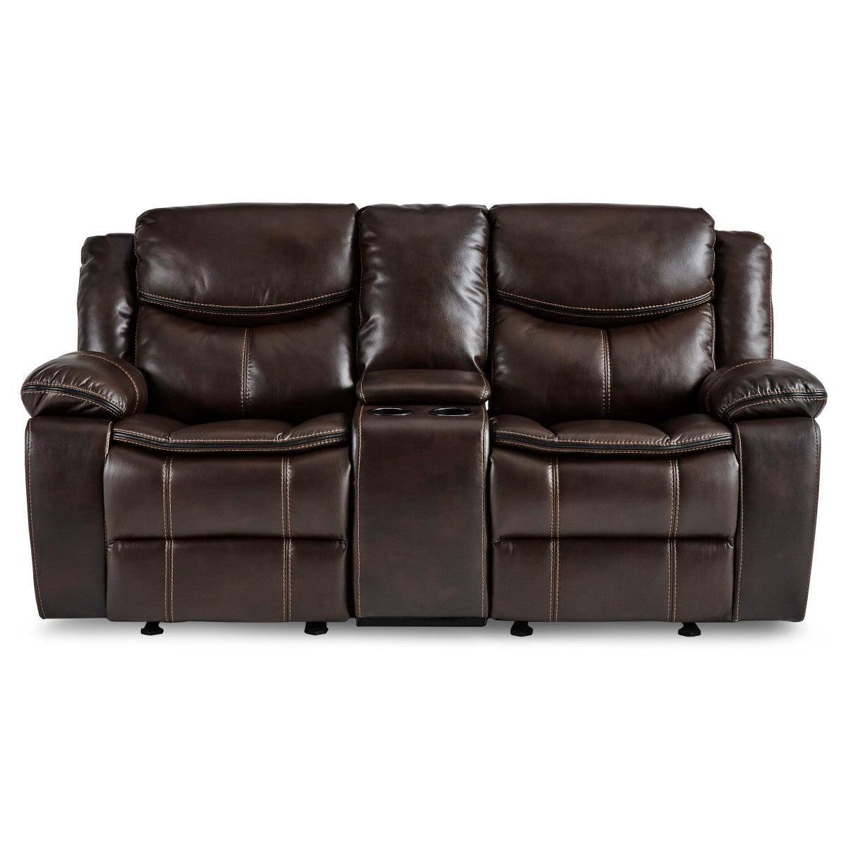 Bastrop Brown Premium Faux Leather Upholstery Double Glider Reclining Love Seat Center Console - Ella Furniture