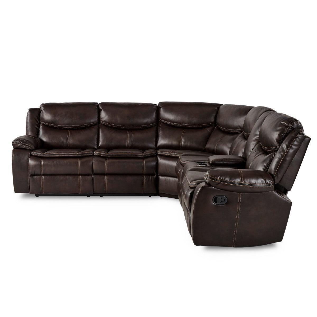 Bastrop Brown Solid Wood Premium Faux Leather Upholstery 3-Piece Sectional With Right Console - Ella Furniture
