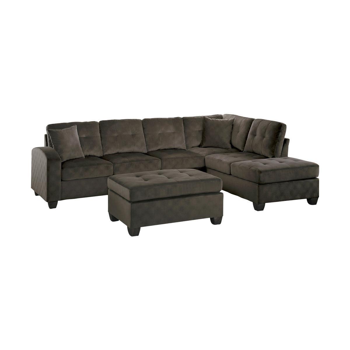 Emilio Brown Solid Wood And PlywoodFabric Upholstery 3-Piece Reversible Sectional With Ottoman - Ella Furniture
