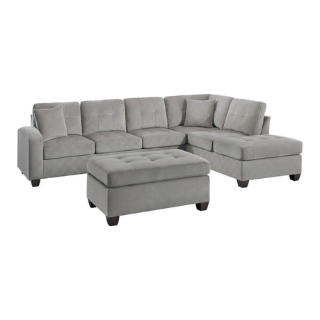 Emilio Gray Solid Wood And Plywood Fabric Upholstery 3-Piece Reversible Sectional With Ottoman - Ella Furniture