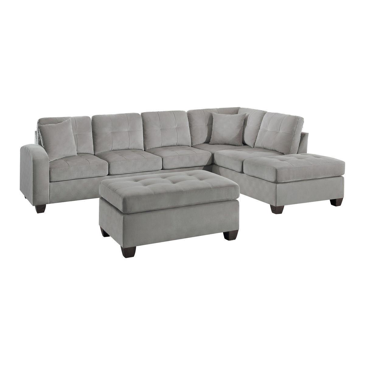 Emilio Gray Solid Wood And Plywood Fabric Upholstery 3-Piece Reversible Sectional With Ottoman - Ella Furniture