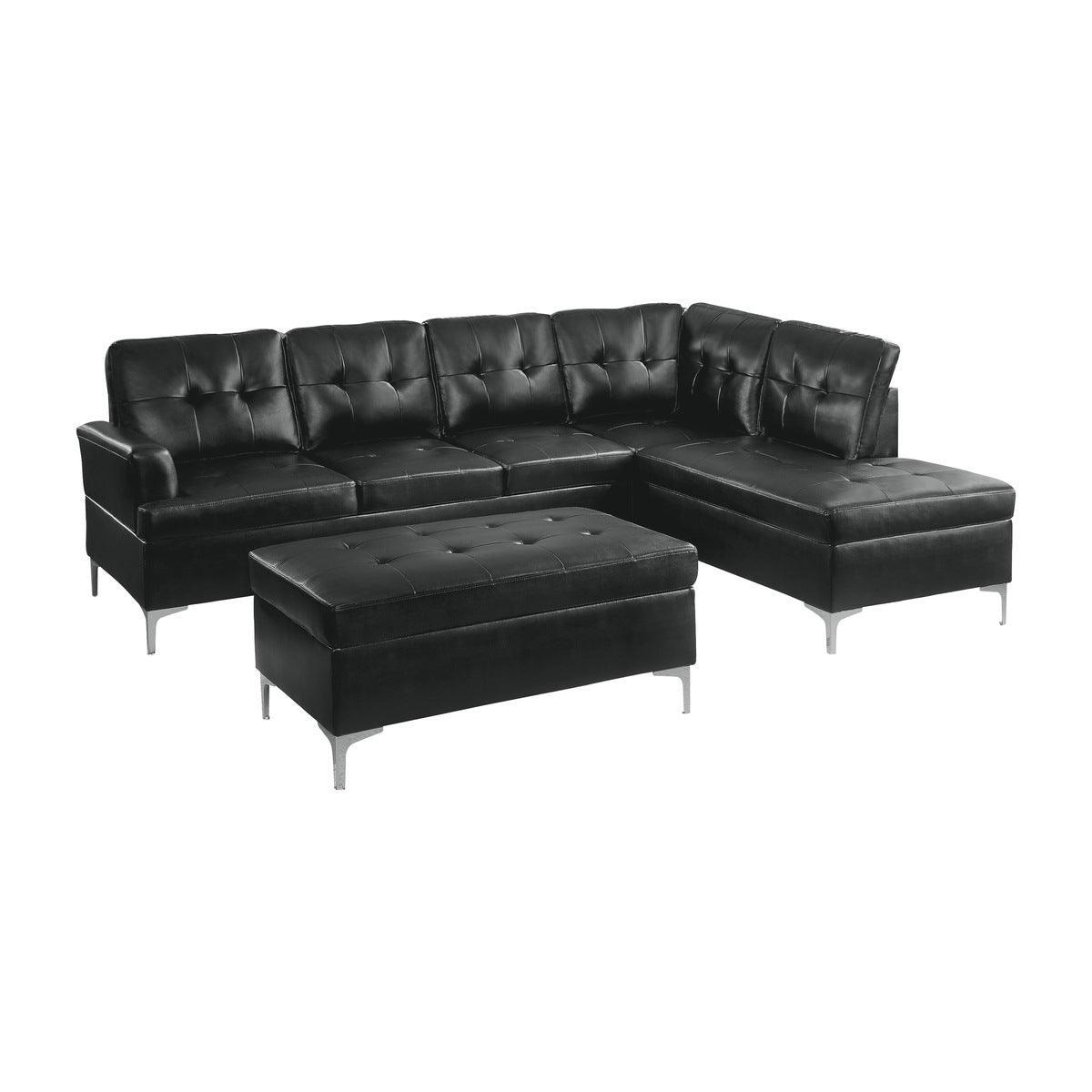 Barrington Black Solid Wood Faux Leather Upholstery 3-Piece Sectional With Right Chaise And Ottoman - Ella Furniture