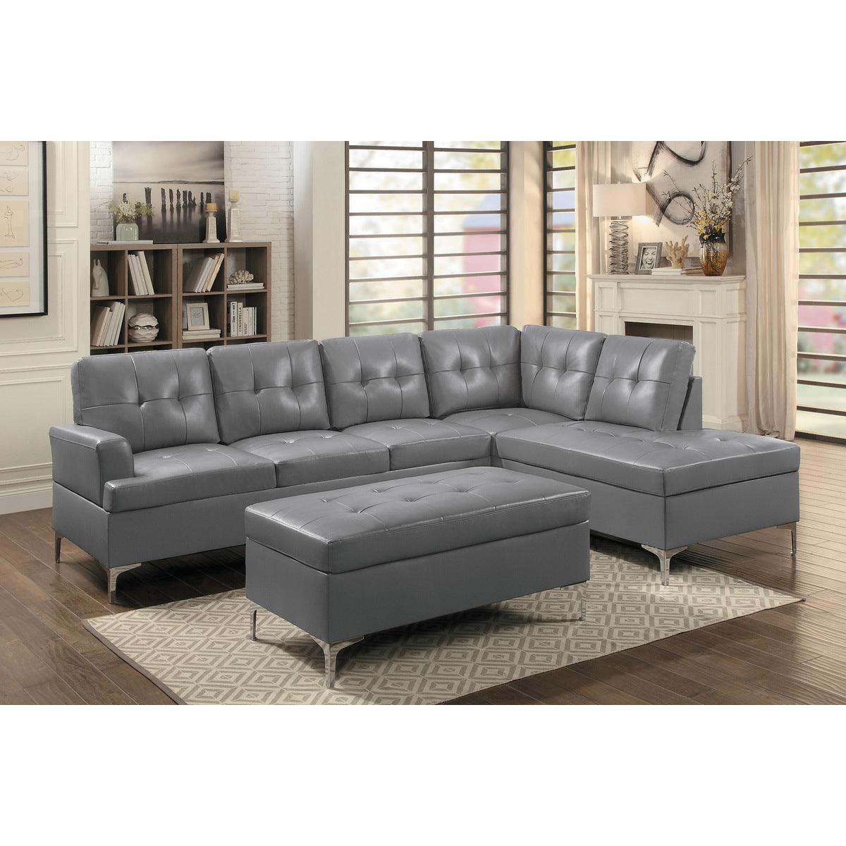 Barrington Gray Solid Wood Faux Leather Upholstery 3-Piece Sectional With Right Chaise And Ottoman - Ella Furniture