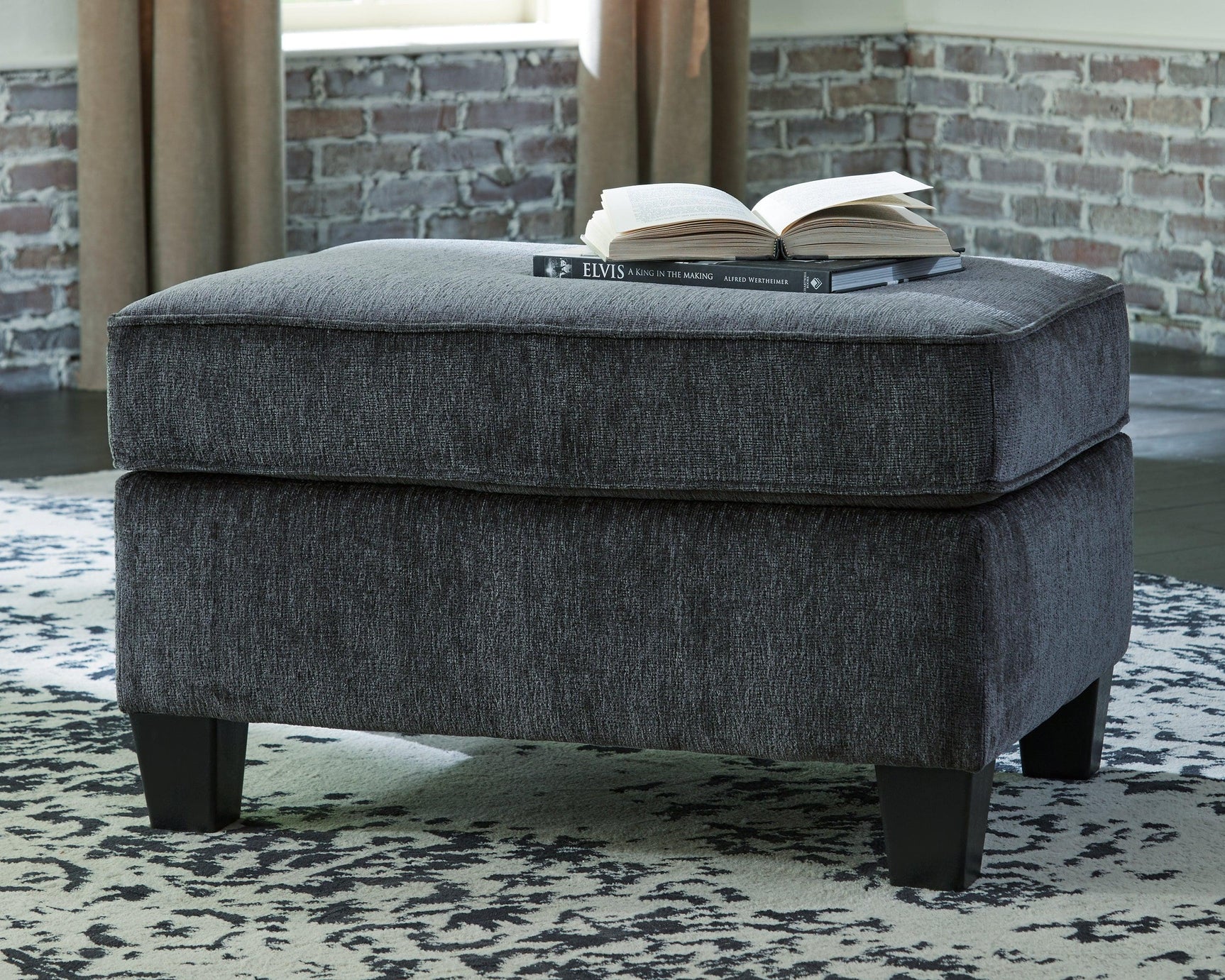 Abinger Smoke Chenille Ottoman - Ella Furniture