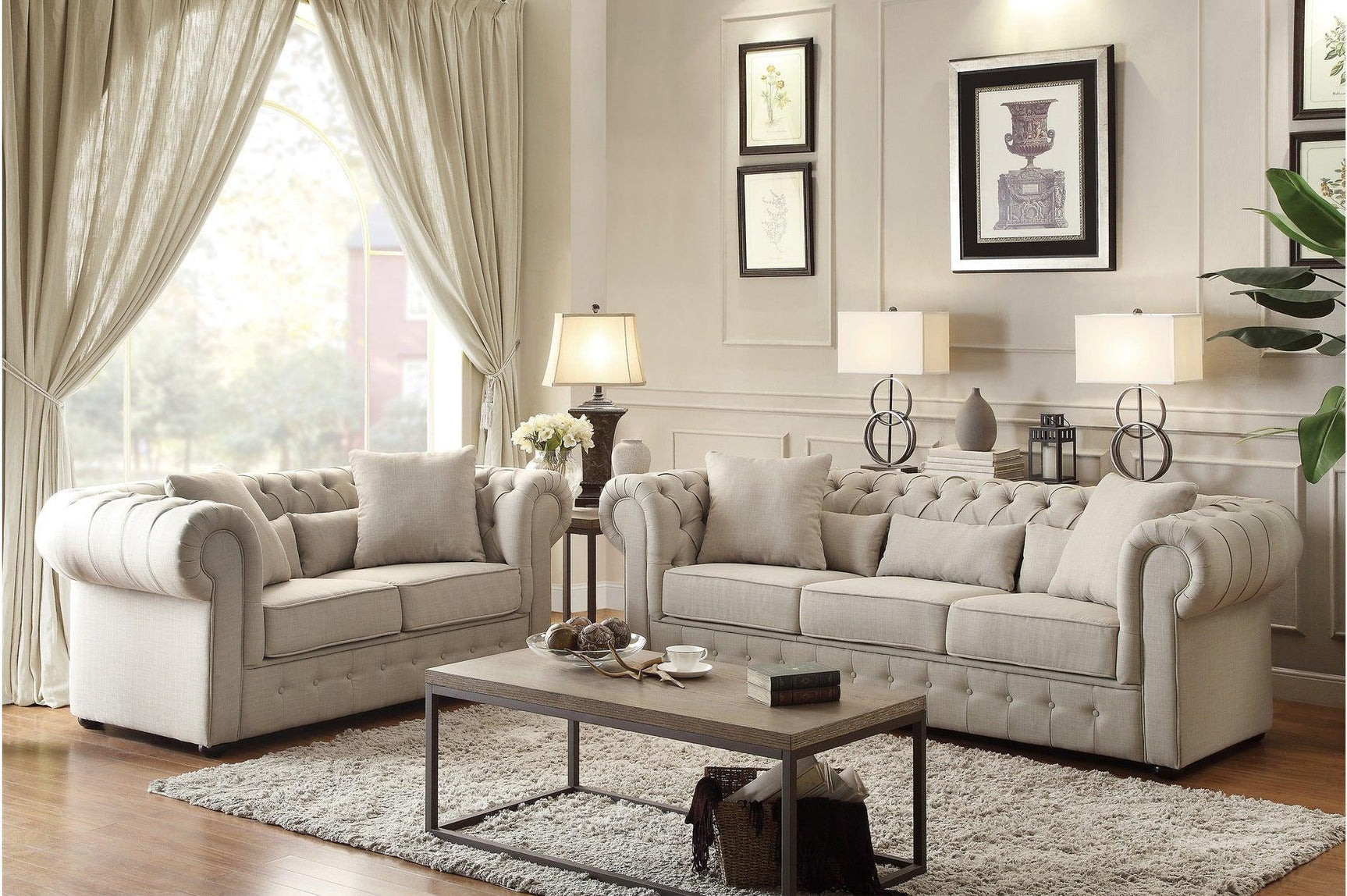 Savonburg Neutral Traditional Solid Wood And Plywood Fabric Upholstery Tufted 2Pc Set: Sofa, Love - Ella Furniture