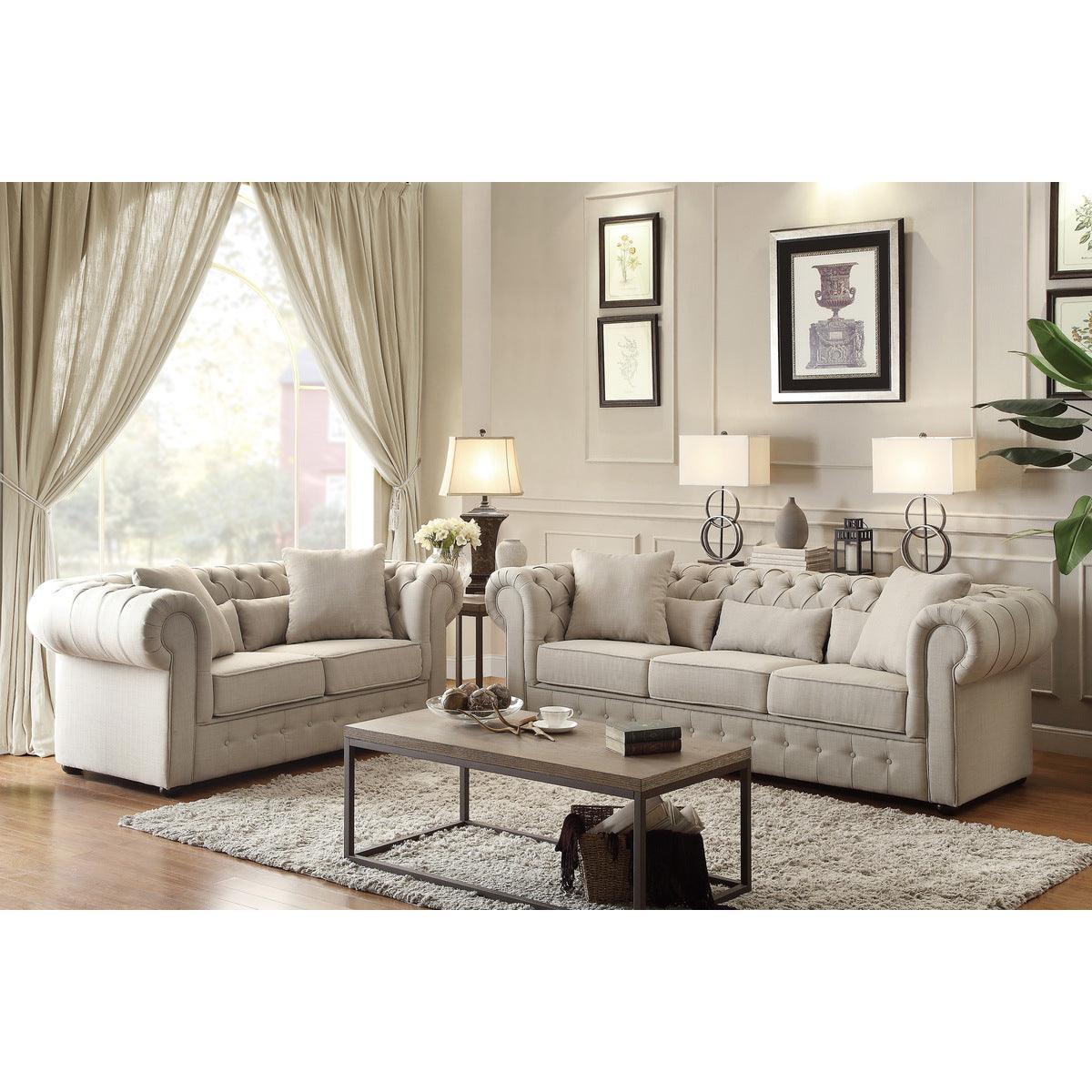 Savonburg Beige Solid Wood And Plywood Textured Fabric Upholstered Tufted Sofa - Ella Furniture