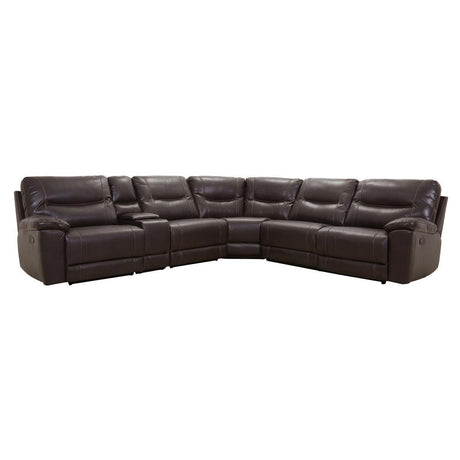 Columbus Brown Solid Wood Breathable Faux Leather Upholstery 6-Piece Modular Reclining Sectional - Ella Furniture