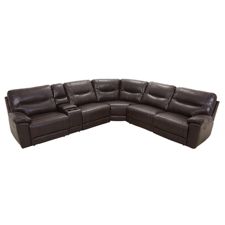 Columbus Brown Solid Wood Breathable Faux Leather Upholstery 6-Piece Modular Reclining Sectional - Ella Furniture