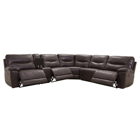 Columbus Brown Solid Wood Breathable Faux Leather Upholstery 6-Piece Modular Reclining Sectional - Ella Furniture