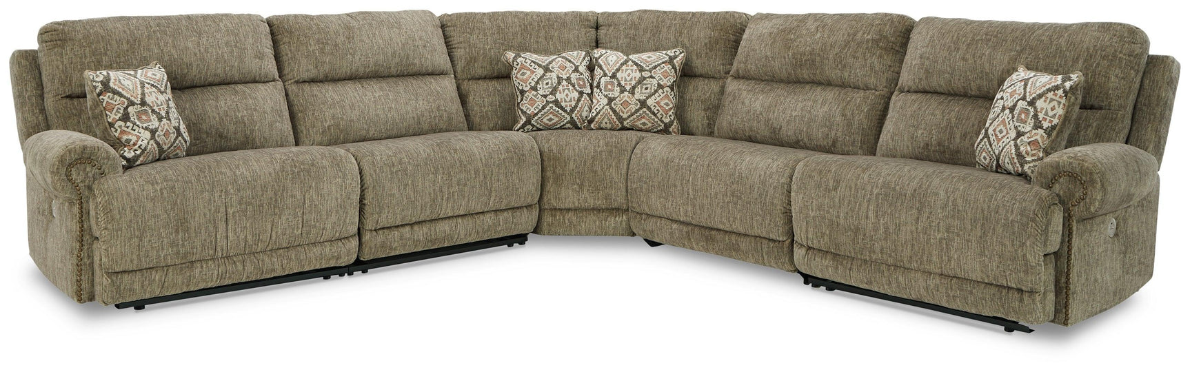 Lubec Taupe Chenille 5-Piece Power Reclining Sectional - Ella Furniture