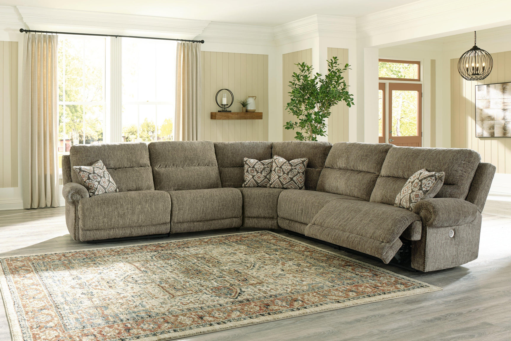 Lubec Taupe Chenille 5-Piece Power Reclining Sectional - Ella Furniture