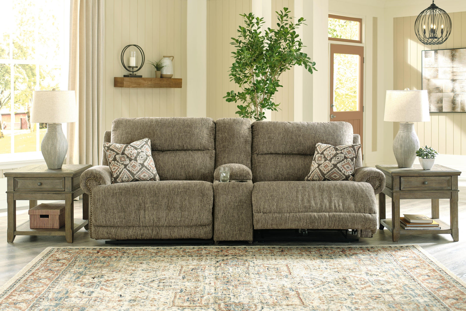 Lubec Taupe 3-Piece Reclining Loveseat With Console - Ella Furniture