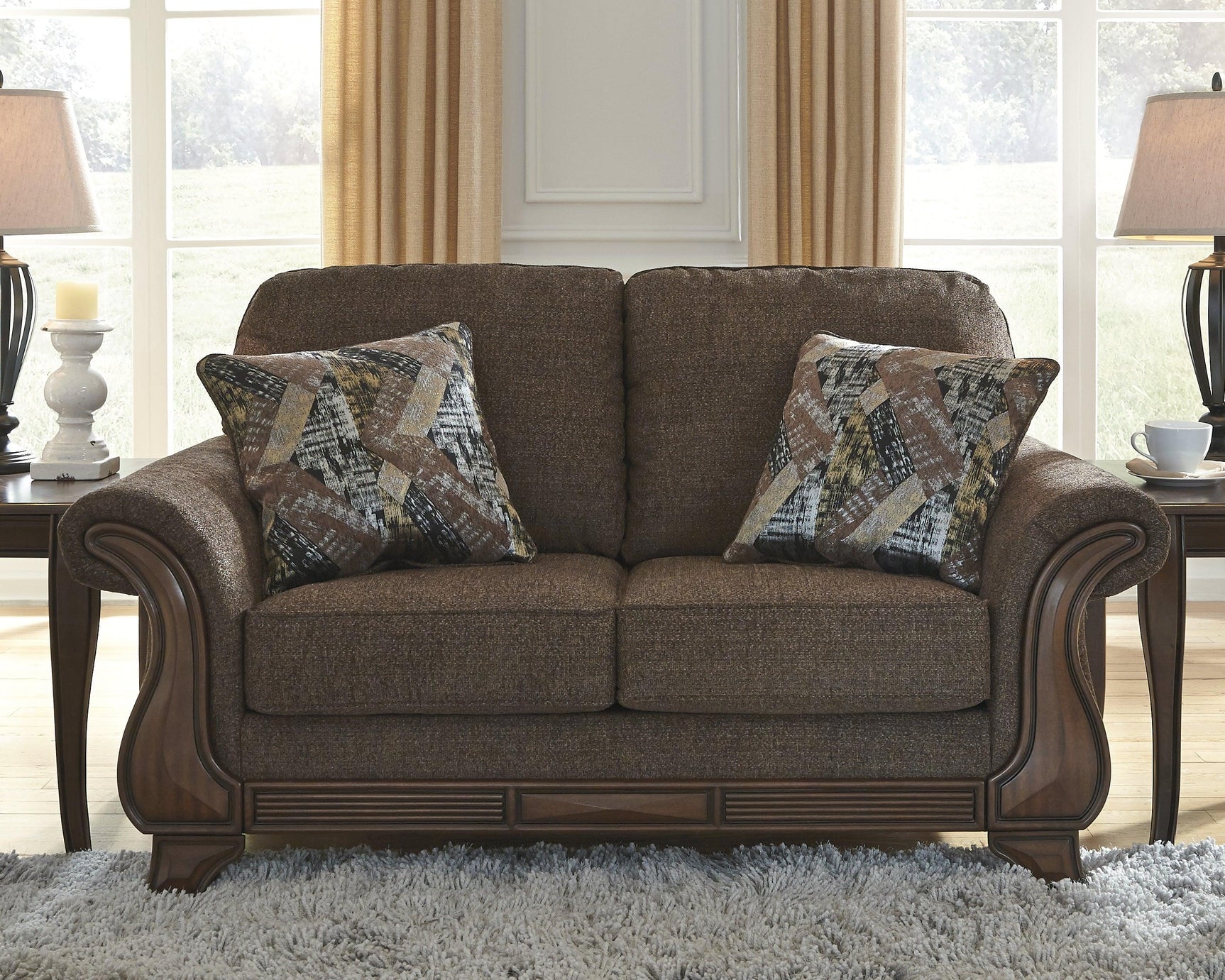 Miltonwood Teak Chenille Loveseat - Ella Furniture