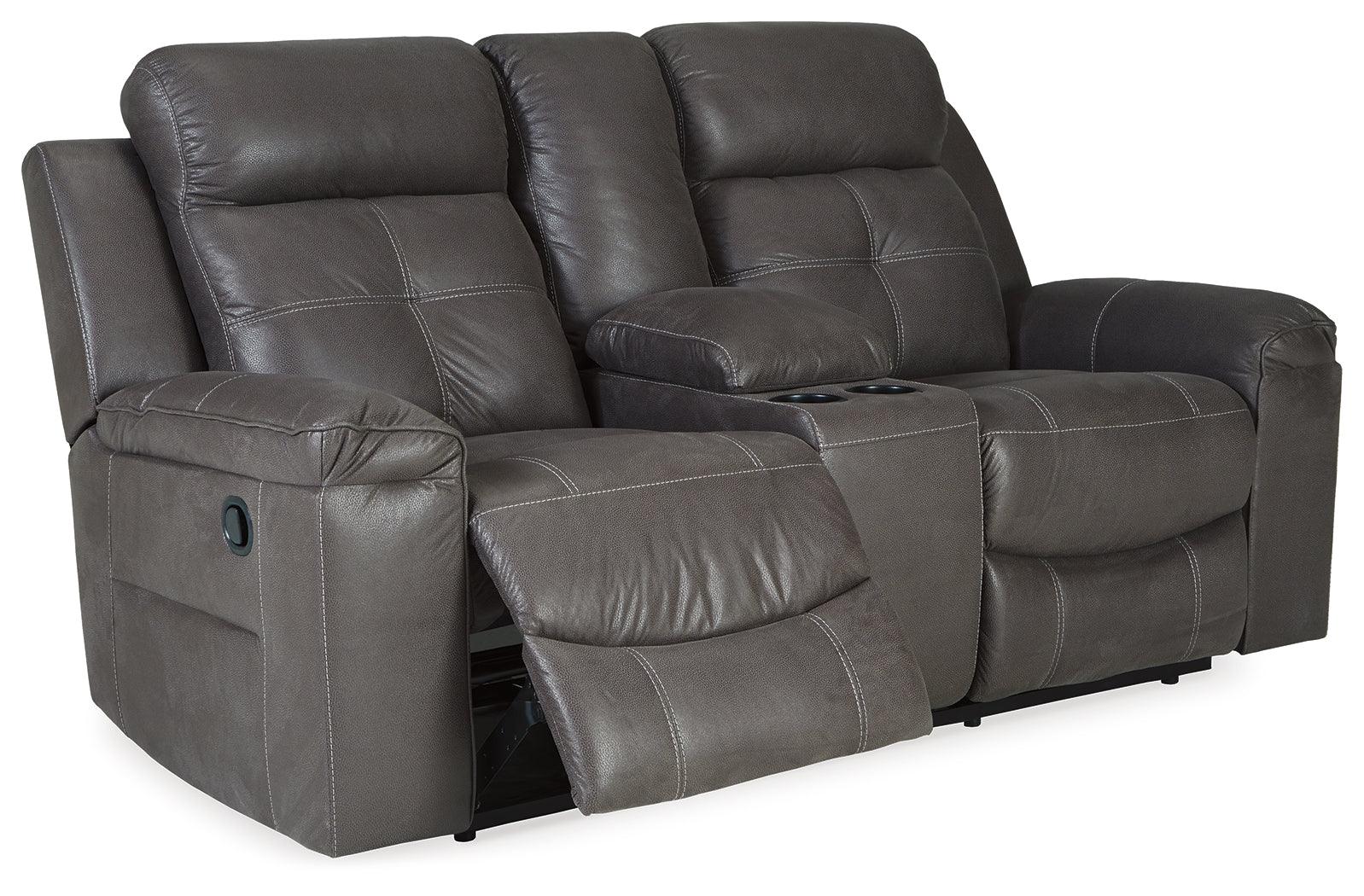 Jesolo Dark Gray Faux Leather Reclining Loveseat With Console - Ella Furniture