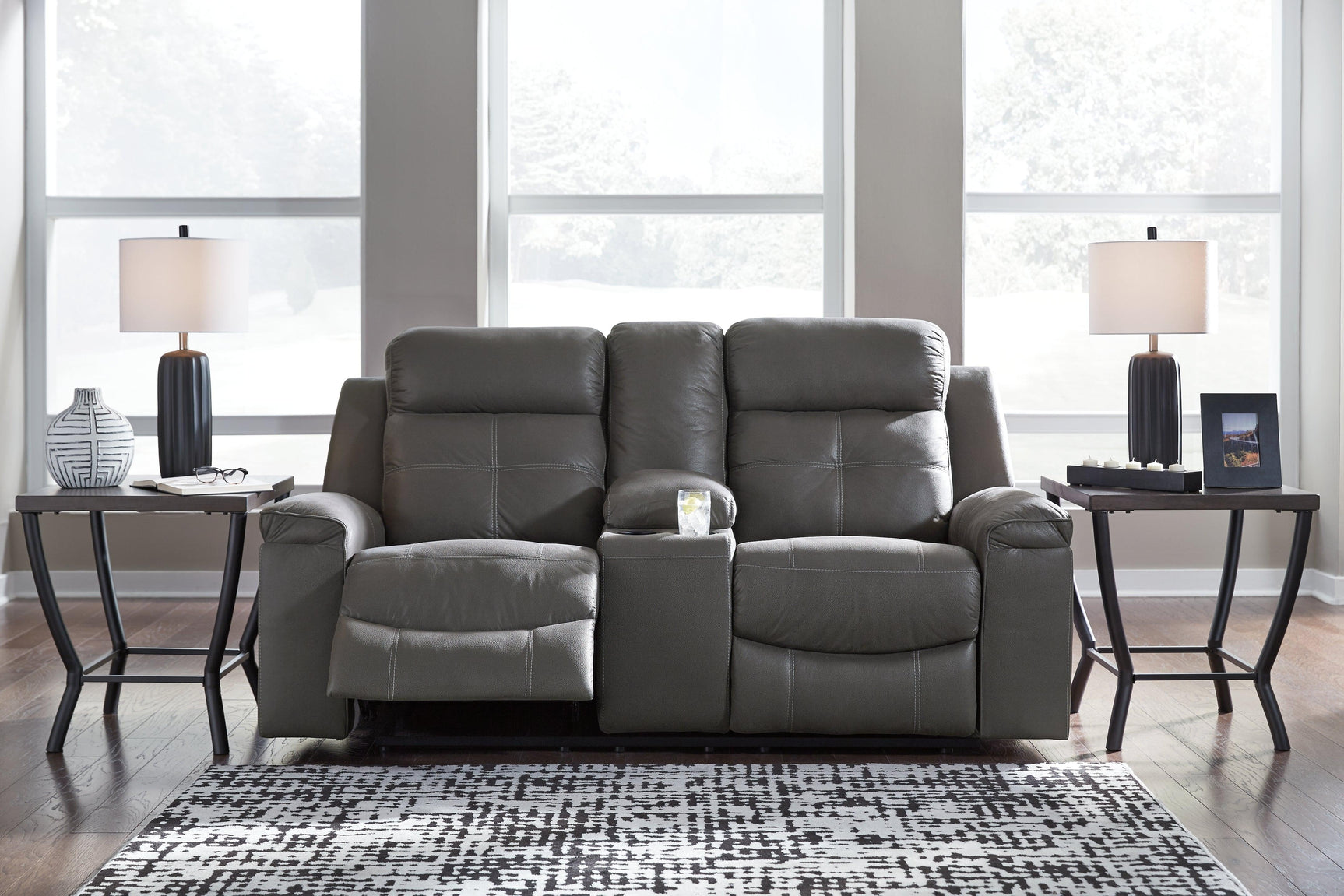 Jesolo Dark Gray Faux Leather Reclining Loveseat With Console - Ella Furniture