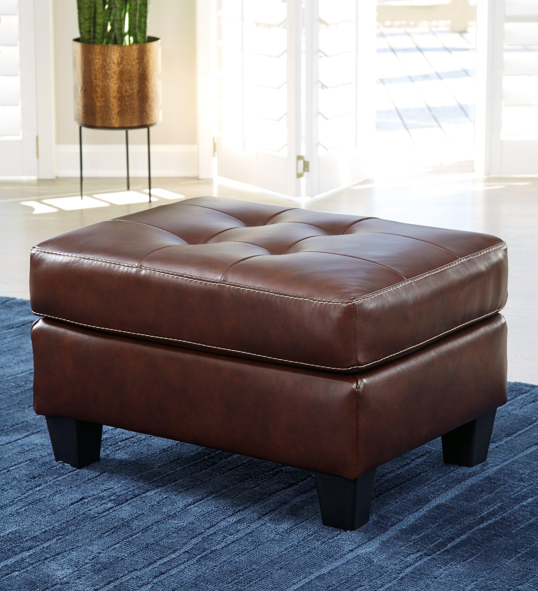 Altonbury Walnut Leather Ottoman - Ella Furniture