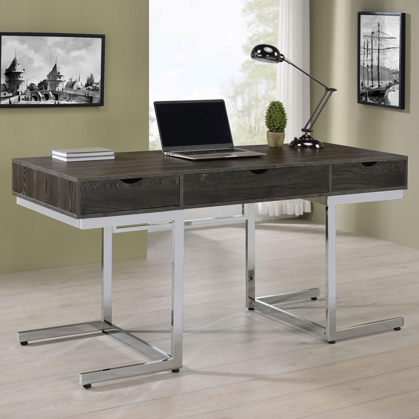 Noorvik Dark Oak/silver Writing Desk - Ella Furniture