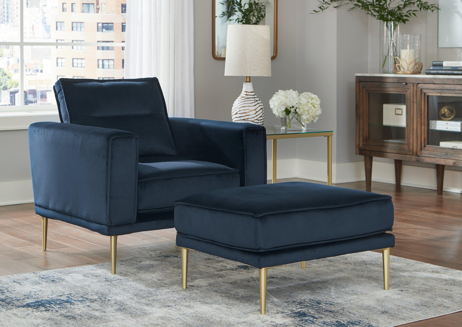 Macleary Navy Chair And Ottoman - Ella Furniture