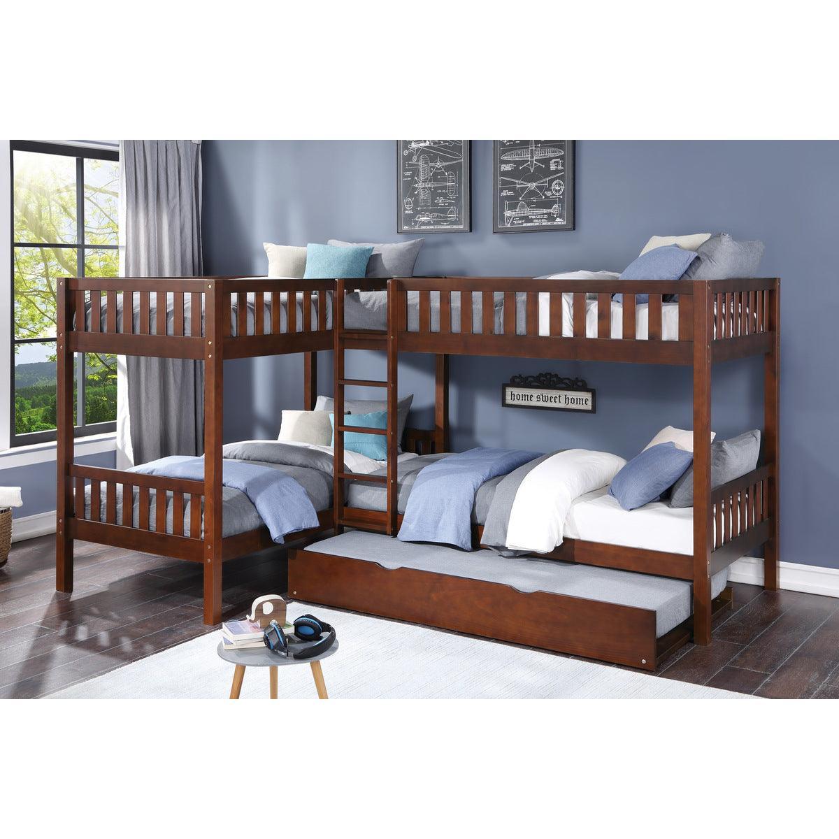Rowe Dark Cherry Transitional Pine Veneer Wood Engineered Wood Corner Bunk Bed With Twin Trundle - Ella Furniture