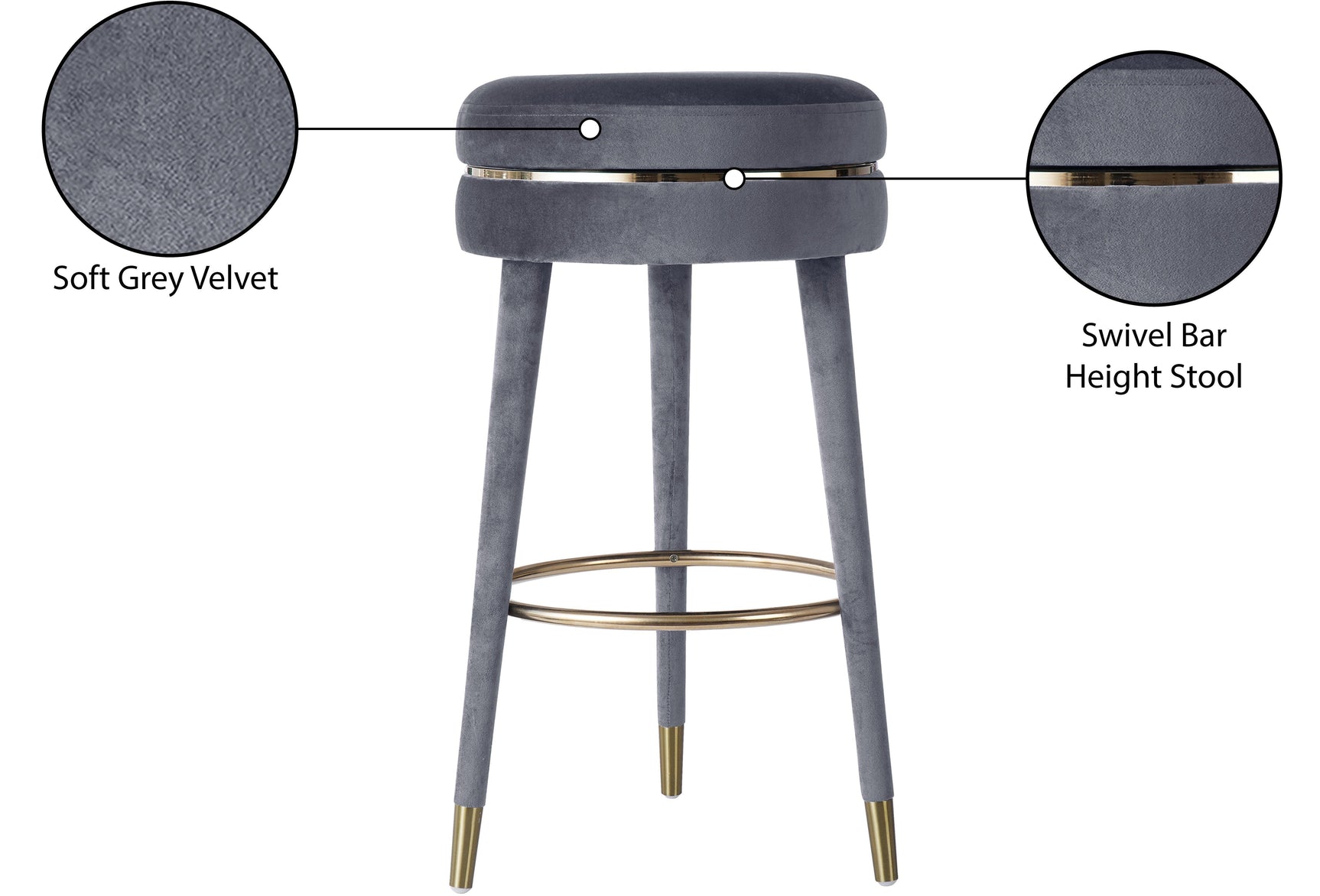 Coral Grey Velvet Swivel Bar Stool - Ella Furniture