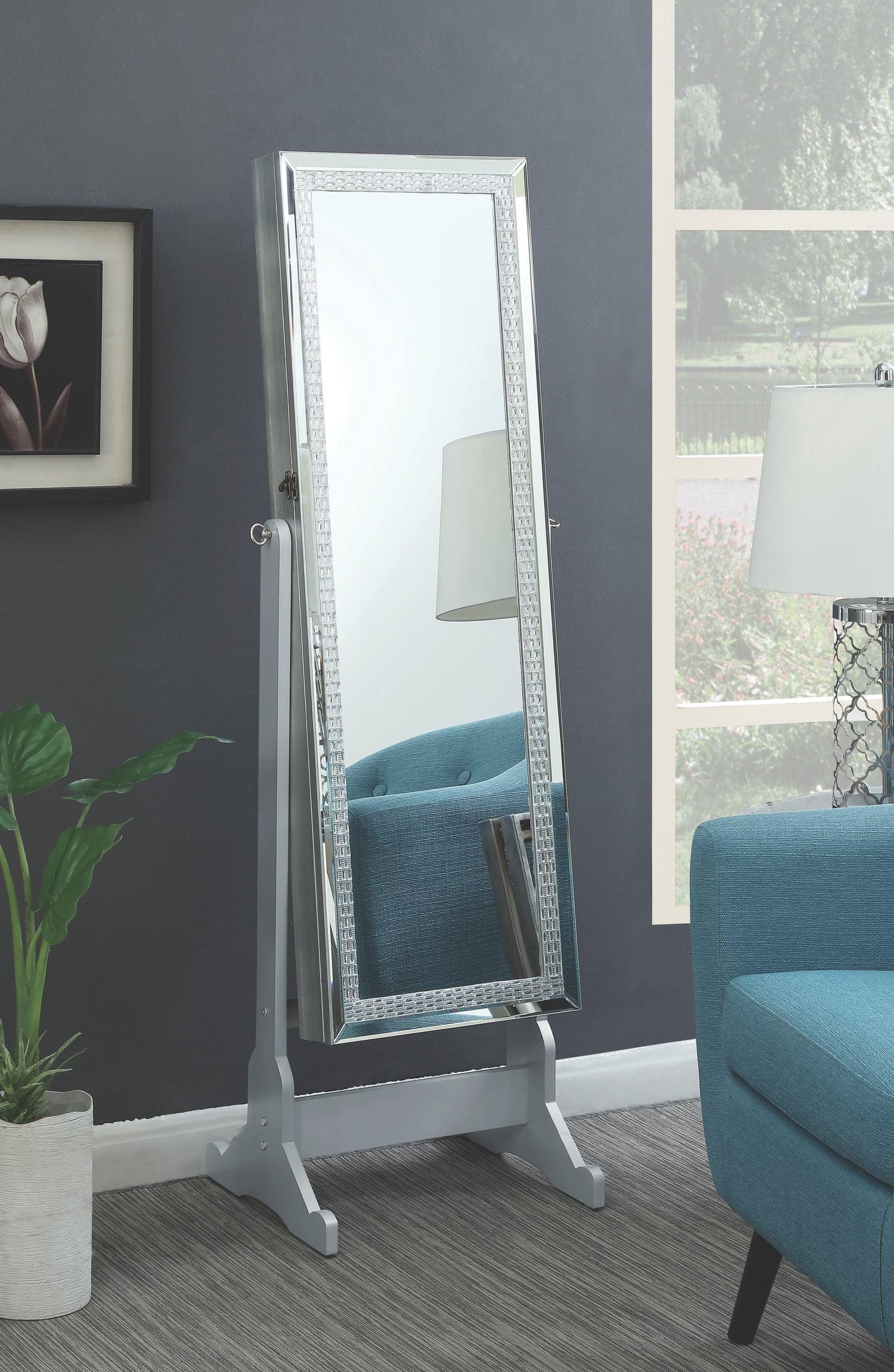 Elle Jewelry Cheval Mirror With Crytal Trim Silver - Ella Furniture