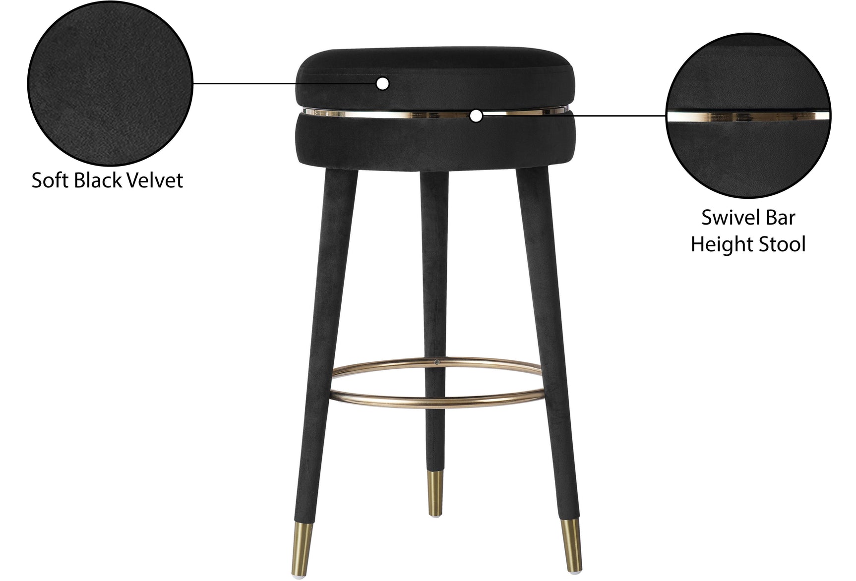 Coral Black Velvet Swivel Bar Stool - Ella Furniture