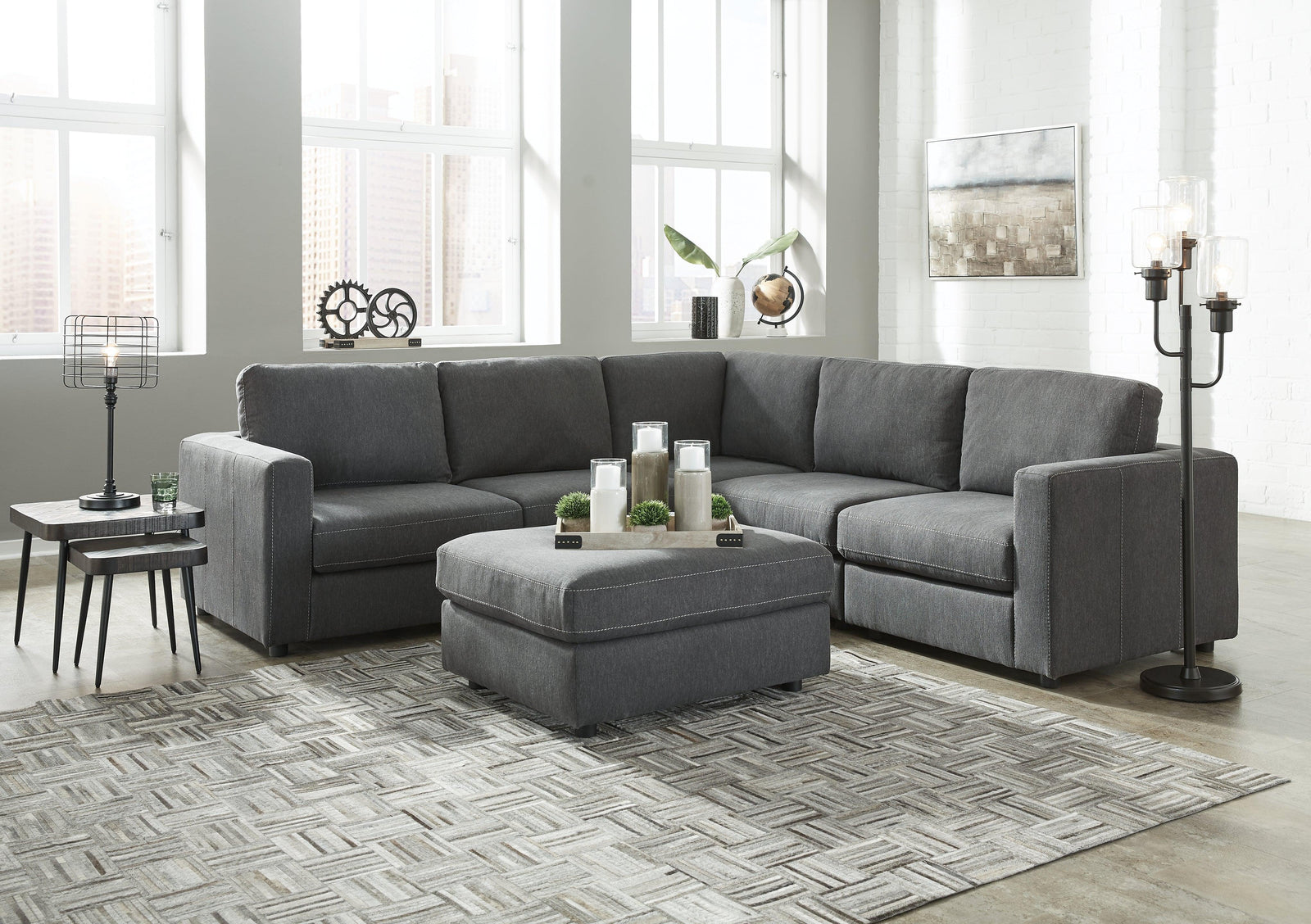 Candela Charcoal 5-Piece Sectional With Ottoman - Ella Furniture